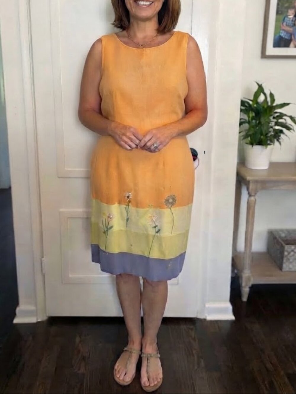 AGB Byer California Orange Sleeveless Midi Dress with Yellow and Blue Florals